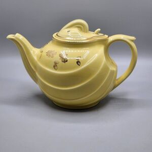 Vtg HALL Teapot Yellow 6 Cup 0799 Made in USA Art Deco Gold Trim Autumn Leaves
